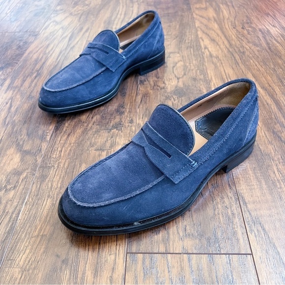 Aquatalia • Neil Loafer slip on weatherproof navy blue suede leather penny